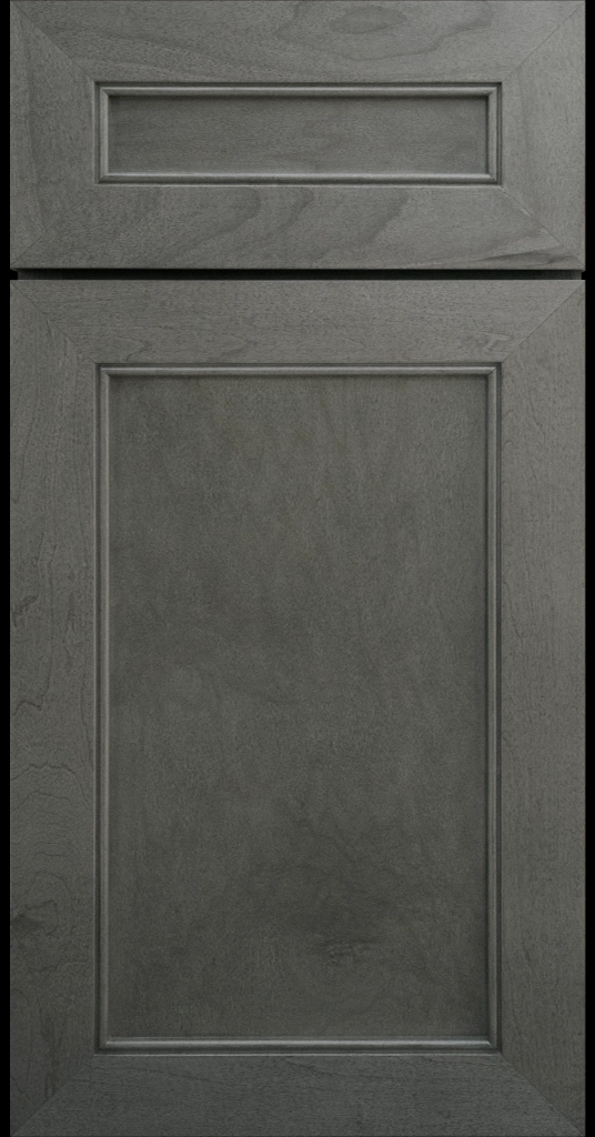 Alpine-style mitered shaker cabinet in Pewter Stain with a flat center panel & inside bead detail.